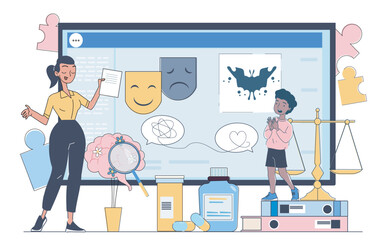 Female therapist and child in psychological therapy session, with mental health symbols, emotions, and balance scale on white background. Vector illustration