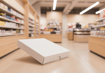 Blank White Product Box mockup on Light Wood Floor in Modern Retail Store Setting.