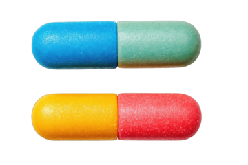 Two colorful capsules, side by side.  One is blue/teal, the other yellow/red.  Close-up, studio shot