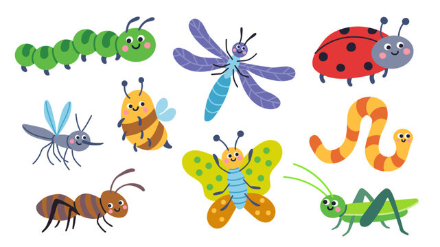 Cute insects illustration set, vector, simple, flat design for children's posters, books, backgrounds and  children's room decoration. Insects collection, isolated on a white background