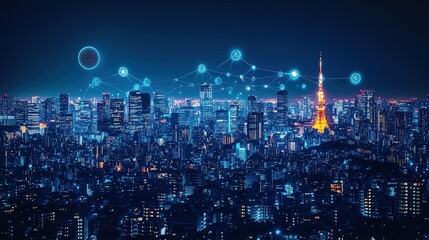 Obraz premium Smart City Night View, Tech Landscape of Blue Network Nodes Merging with Buildings