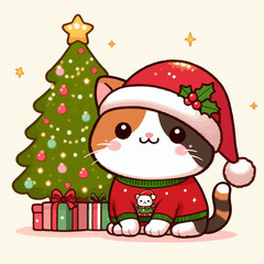 illustration of a cute cat in Christmas clothes