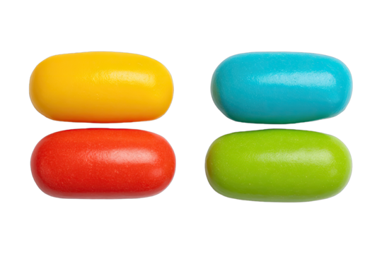Close-up of four colorful, oval-shaped candies.  Two yellow and two blue, stacked vertically, in a symmetrical arrangement against a black background.  Vibrant colors