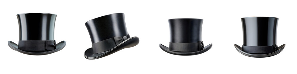 Black Top Hats Collection: Classic Formal Wear Isolated on White