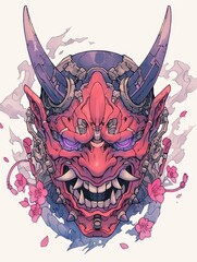 A drawing of a demon with horns and flowers on white