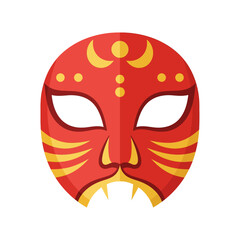 Flat Vector Illustration of Red and Gold Stylized Mask with Crescent and Circle Motifs in Clean Digital Design