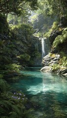 Naklejka premium Tranquil forest stream with waterfall