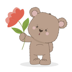 Adorable bear holding a vibrant flower with a surprised expression. This charming vector illustration is perfect for children s designs, greeting cards, and playful graphics.