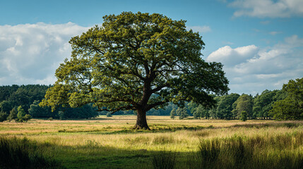 Obraz premium A large oak tree stands prominently in a field on a sunny day with cloudy skies