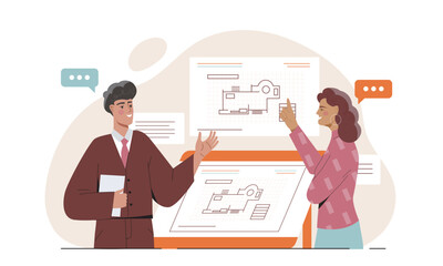 Two colleagues discussing architectural blueprints on large screens, flat cartoon style, with speech bubbles on abstract background. Concept of teamwork and planning. Vector illustration