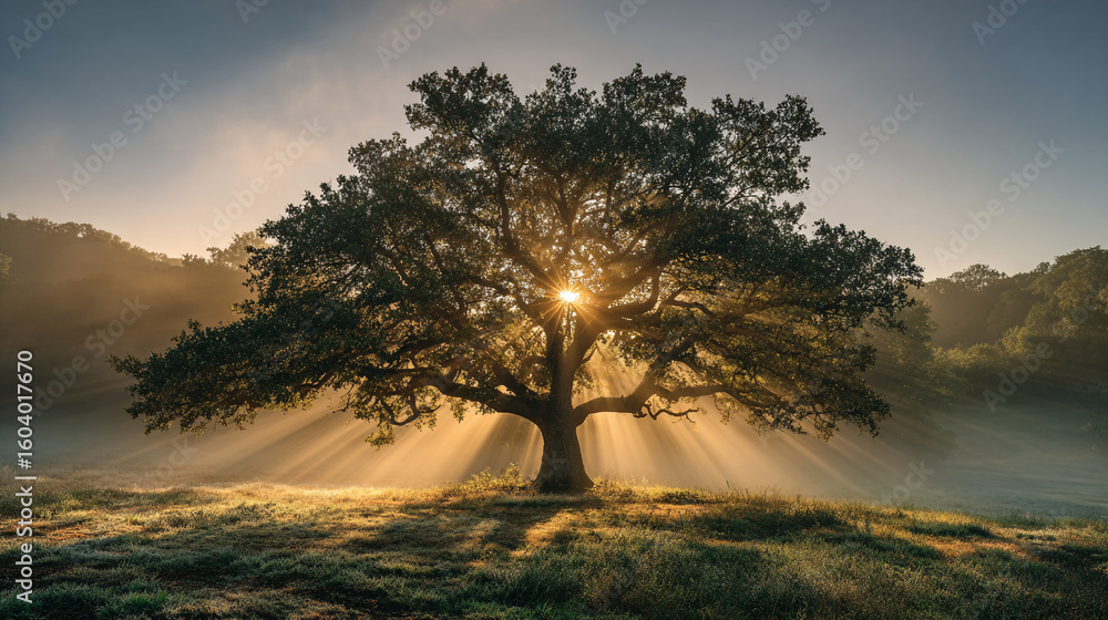 Poster a large tree with sun rays shining through its branches in a misty field
