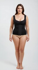 Fototapeta premium Woman wearing a medical back support brace over casual clothing, standing indoors. Perfect for health, recovery, posture correction, and orthopedic or physiotherapy-related visuals.