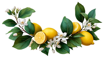 Fresh lemons with leaves and blossoms isolated on transparent background