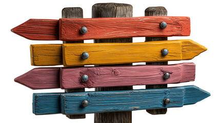 Colorful wooden directional signpost with four arrows isolated on transparent background