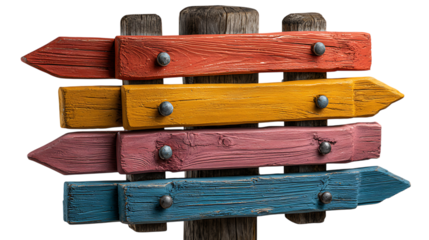 Colorful wooden directional signpost with four arrows isolated on transparent background