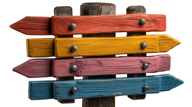 Colorful wooden directional signpost with four arrows isolated on transparent background
