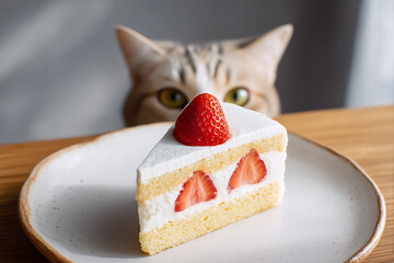 Curious Cat Eyeing a Strawberry Shortcake on the Table
