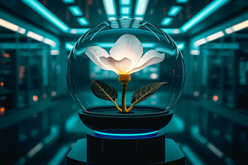 Adenium flowers enclosed in a transparent, futuristic glass dome, softly glowing with bioluminescent light.