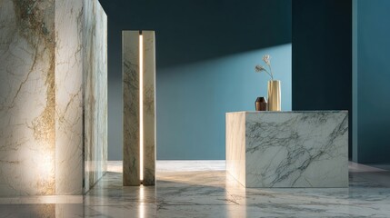 Modern Minimalist Interior Design Featuring Teal Walls Gold Accents and Textured Stone Decor Pieces with Abstract Lighting