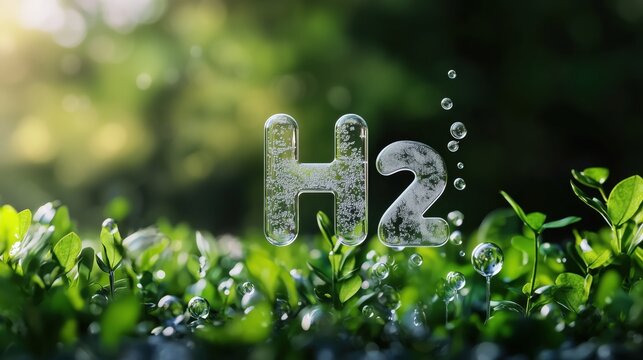 Hydrogen symbol: A striking image shows the H2 symbol emerging from verdant plant life, representing the energy transition and the potential of hydrogen fuel.