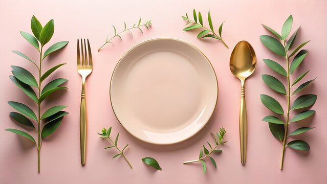 An elegant table setting features a pink plate with gold cutlery and green branches on a pink background - Powered by Adobe