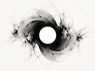 An abstract black and white fractal design featuring a central white circle surrounded by a swirling, smoky pattern that extends outward with delicate, intricate lines and tendrils.