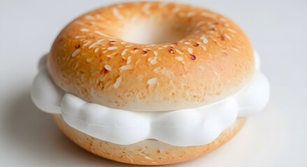 A close-up shot of a toasted bagel with a generous layer of cream cheese filling.