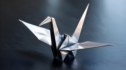 Elegant silver metallic origami crane with sharp folds on a dark textured background.