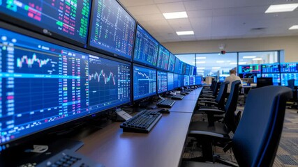 Financial Data Stream: Stock Market Analysis on Multiple Screens in Trading Room - Powered by Adobe