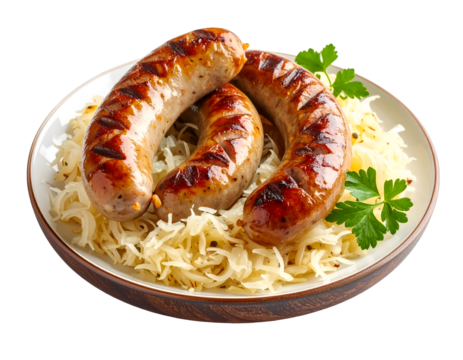Bratwurst sausage and sauerkraut isolated on transparent png