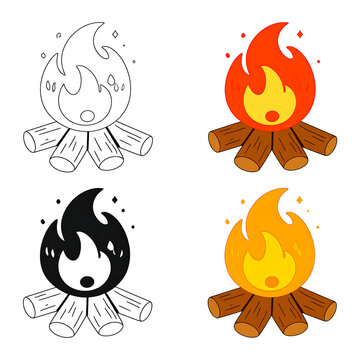 Campfire Variations Vector Set&mdash;Outline, Flat Color, Silhouette, and Gradient Firewood Bonfire Icons