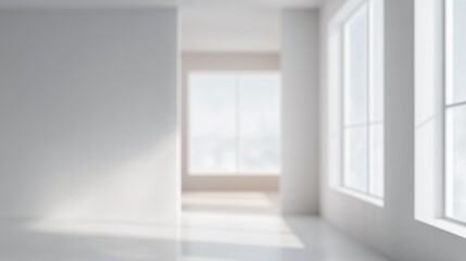 Fototapeta premium Blurred image of bright and airy interior space with large windows and soft natural light during daytime.