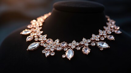 Elegant Rose Gold Crystal Necklace, Sparkling Bridal Jewelry, Luxurious Statement Piece