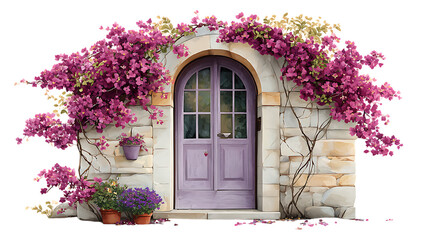 Charming stone archway with purple door and blooming bougainvillea isolated on transparent background