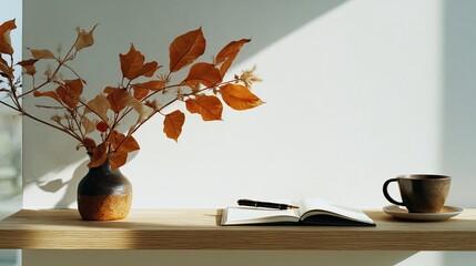 Autumnal arrangement on a wooden shelf. Sunlight streams in