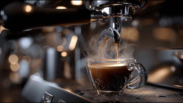 A close-up shot of an espresso machine dispensing fresh coffee into a transparent cup