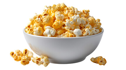 Bowl of delicious cheesy popcorn isolated on transparent background
