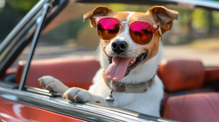 Happy Jack Russell Terrier Dog in Red Convertible Wearing Pink Sunglasses, Summer Road Trip, Joyful Pet