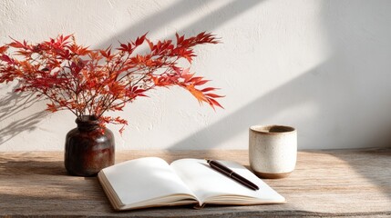Open notebook, pen, and autumnal leaves on a rustic table. Sunlight streams in