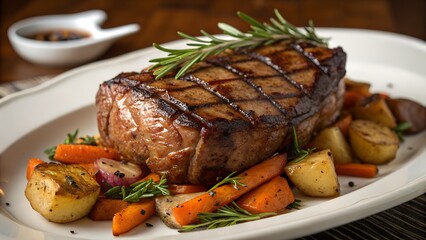 A flavorful grilled steak is served with roasted vegetables and a side of sauce on a white plate