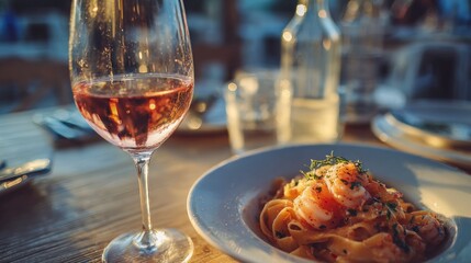 Naklejka premium Rose wine and shrimp pasta outdoor dining