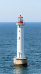 Majestic White Lighthouse with Red Cap Standing Tall in the Calm Blue Ocean. A Guiding Beacon for Maritime Navigation and Coastal Beauty.