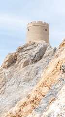 Ancient Stone Watchtower Perched Majestically on a Rugged Desert Hillside Under a Clear Blue Sky, Evoking Timeless Strength and Historic Grandeur.