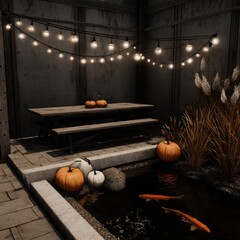 Outdoor patio with string lights, pumpkins, and a pond