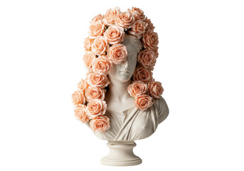 Isolated Marble Bust Statue Crowned with Peach Colored Roses