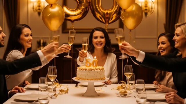 Elegant 50th Birthday Celebration A Group of Friends Toasts with Champagne at Dinner Party with Cake and Balloons Joyful Gathering