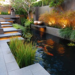 Modern landscaped backyard with water feature and lighting