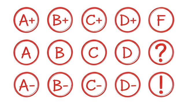 Illustration of collection of academic grades in red circles including a b c d f a b c d a b c d and an exclamation mark isolated on transparent background
