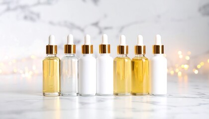 Row of serum bottles on marble, gold caps