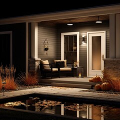 Evening porch scene, lit by outdoor lighting, with fall decor